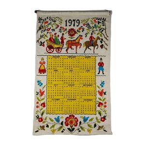 Vintage 1979 Cross-stitch Style Settlers Decorative Linen Cloth Calendar 16 x 27